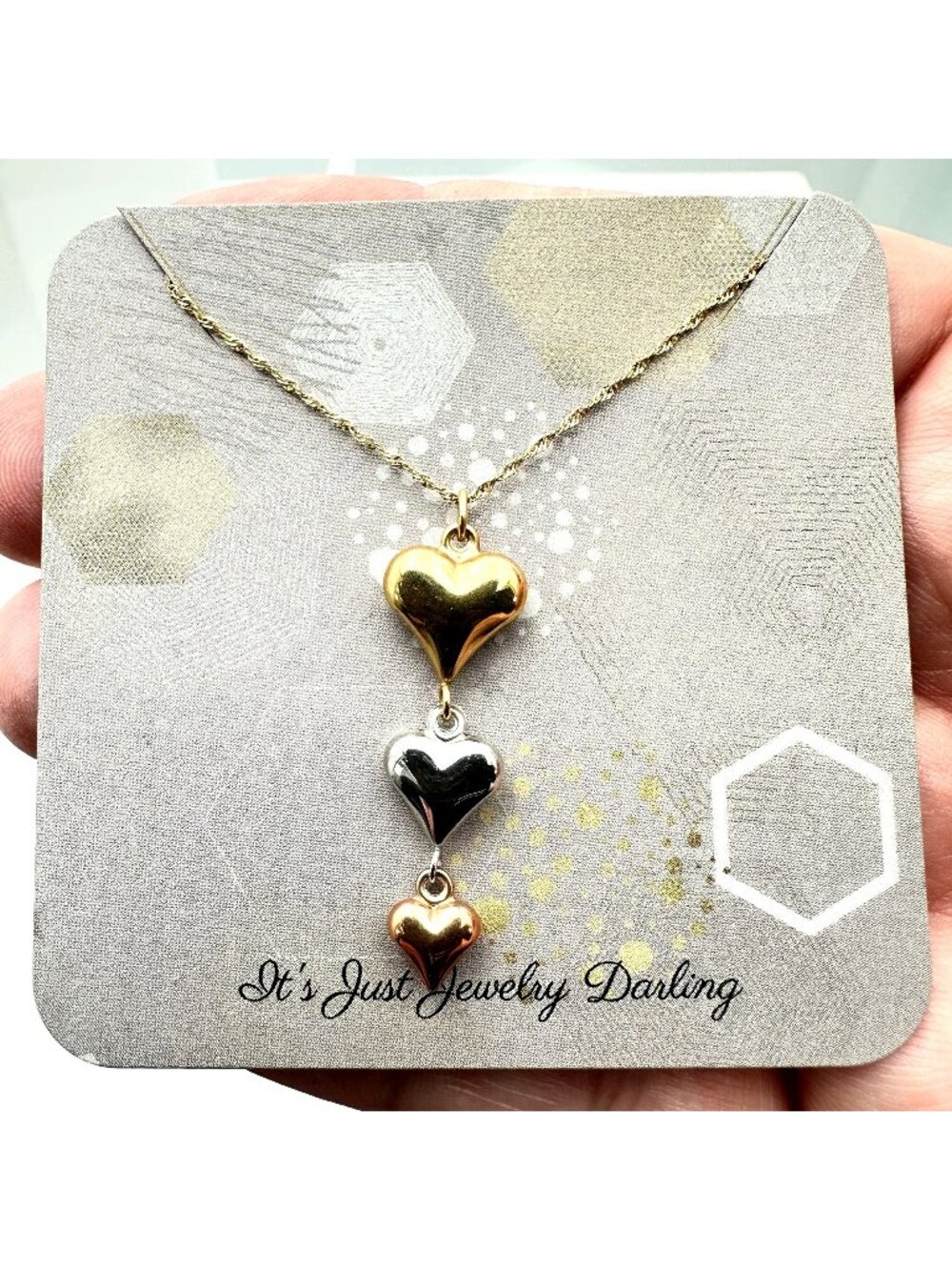Womens 10K Tri Color Gold Necklace Triple Heart Pendant  18 Inch Estate